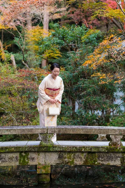 A woman wearing kimono standing on a Japanese style stone arch bridge. Kyoto, Japan. Maple leaves turning red in the autumn season. Fall foliage.