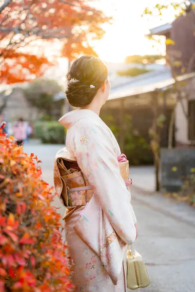 Maple leaves turning red in the autumn season in Kyoto. Back view a woman wearing Japanese traditional kimono walking on Philosopher\'s Path ( Tetsugaku No Michi ). Fall foliage in Japan.
