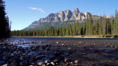 Yazın güneşli bir günde Castle Mountain ve Bow River. Castle Dağı bakış açısı. Banff Ulusal Parkı, Kanada Kayalıkları, Alberta, Kanada.