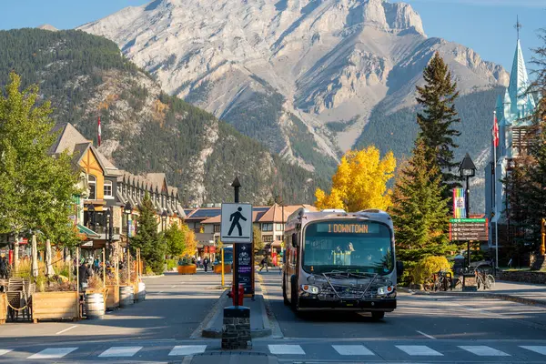 Banff, Alberta, Kanada - Ekim 06 2022: Banff Bulvarı 'ndaki Traam Public Transit Banff Yerel Otobüs.