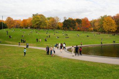 Montreal, Quebec, Kanada - 16 Ekim 2022: Beaver Lake, Mount Royal Park (Parc du Mont-Royal) sonbaharda. İnsanlar parkta dinleniyor ve kırmızı akçaağaçlarının tadını çıkarıyorlar..