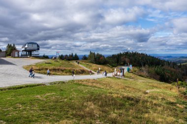 Mont-Tremblant, Quebec, Canada - October 1 2021 : Mont Tremblant Ski Resort autumn scenery from the top of the Mont Tremblant. clipart