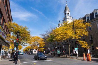 Montreal, Quebec, Kanada - 9 Ekim 2021: Montreal şehir sokak manzarası güneşli bir sonbahar gününde. Mont-Royal Bulvarı.