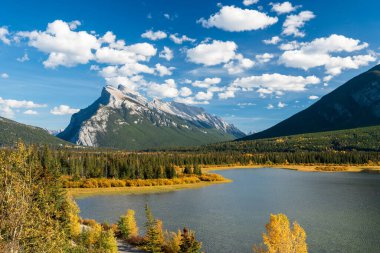Banff Ulusal Parkı sonbahar yeşillik manzarası. Vermilion Lakes Viewpoint, Mount Rundle, Alberta, Kanada. Kanada Kayalıkları.