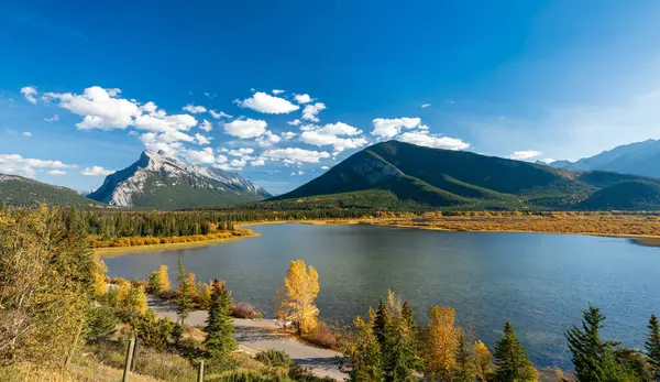 Banff Ulusal Parkı sonbahar yeşillik manzarası. Vermilion Lakes Viewpoint, Mount Rundle, Alberta, Kanada. Kanada Kayalıkları.