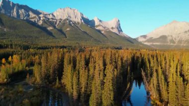 Sonbaharda şafak vakti Kanada Kayalıkları 'nın güzel manzarası. Dağ, sarı ve yeşil renkli orman suya yansıyor. Canmore, Alberta, Kanada. Lawrence Dağı Grassi.