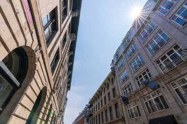 Retro style building in Old Montreal. Montreal, Quebec, Canada. Saint-Sulpice Street (Rue Saint-Sulpice). clipart