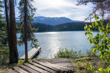 Göl kıyısındaki ahşap rıhtım. Leach Gölü, Jasper Ulusal Parkı. Alberta, Kanada. Kanada Kayalıkları yaz manzarası.
