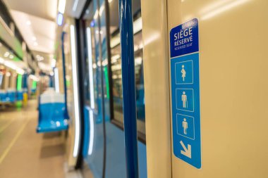 Montreal, Quebec, Canada - August 20 2021 : Inside the Montreal metro empty subway car. clipart