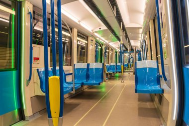 Montreal, Quebec, Canada - August 20 2021 : Inside the Montreal metro empty subway car. clipart