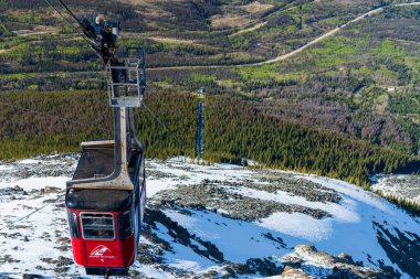 Jasper, Alberta, Kanada - 21 Mayıs 2021: Jasper SkyTram hava yolu karla kaplı Rocky Dağları 'na yükseliyor.