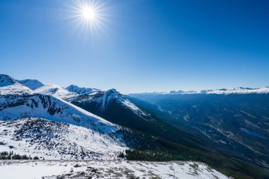 Jasper Ulusal Parkı 'ndaki karla kaplı Whistlers Tepesi' nin panoramik görüntüsü, Jasper, Alberta, Kanada.