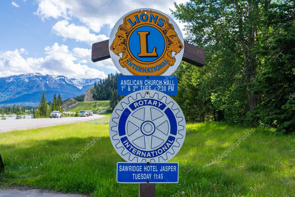 Jasper, Alberta, Canada - June 16 2021 : Lions Club and Rotary Club Signs in Jasper National Park