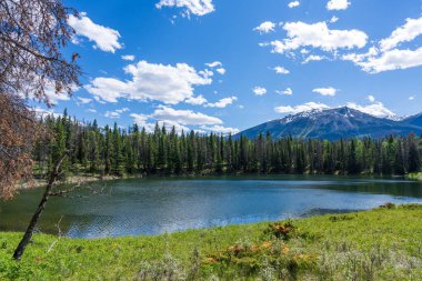 Jasper Ulusal Parkı 'nda İkiz Göller, Alberta, Kanada. Kanada Kayalıklarında Nefes Kesen Manzara