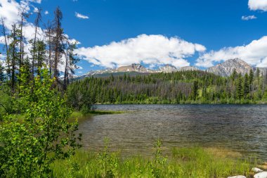 Yaz manzaralı Cabin Gölü, Jasper Ulusal Parkı, Alberta, Kanada.