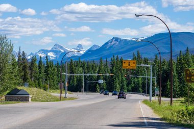 Jasper, Alberta, Kanada - 25 Haziran 2021: Icefields Parkway (Alberta Otoyolu 93), Jasper National Park Scenic Drive. Arka planda Kanada Kayalıkları yaz manzarası.