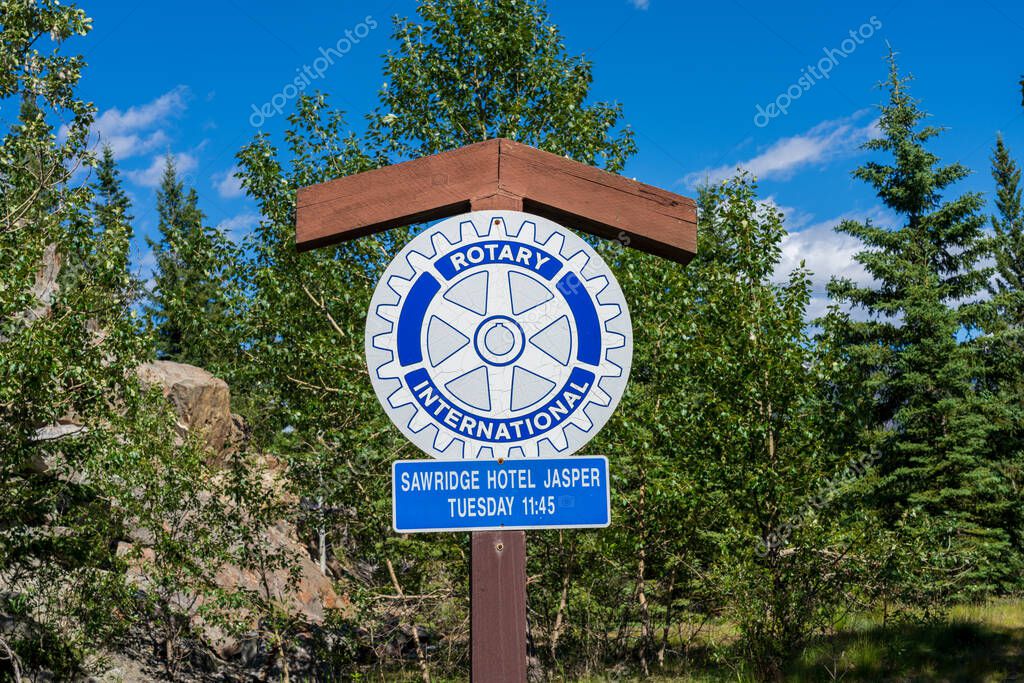 Jasper, Alberta, Canada - June 25 2021 : Rotary International Sign in Jasper National Park.