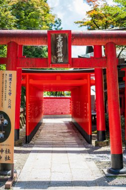 Inuyama, Aichi, Japonya - 22 Temmuz 2024: Inuyama Kalesi 'ne giden ünlü bir yol olan Sanko Inari Tapınağı' nın canlı kırmızı torii kapıları tüneli.