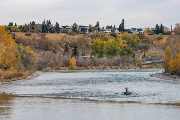 Princes Island Park sonbahar yeşillik manzarası. Nehir kıyısında, Calgary şehir merkezinde, Alberta, Kanada.
