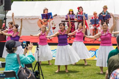 Kobe, Hyogo, Japonya - 18 Mayıs 2025: 'Oli' Oli Hawaii Hula Stüdyosu 52. Kobe Festivali 'nde Higashi Yuenchi Parkı' nda Hawaii Hula dansı yapıyor..