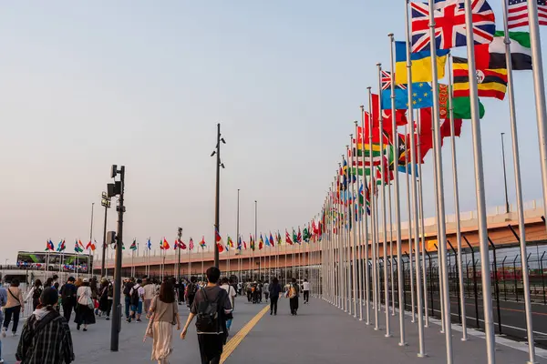Osaka, Japonya - Haziran 12025: Dünya Fuarı 2025 Osaka, Kansai, Japonya 'dan ayrılan kalabalık Doğu Kapısı' nda dalgalanan uluslararası bayraklar altında alacakaranlıkta.