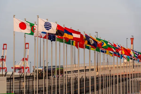 Osaka, Japonya - Haziran 12025: Uluslararası bayraklar günbatımında Osaka Kansai 'nin 2025 sayılı Dünya Fuarı' nın girişinde alacakaranlık karşısında görkemli bir şekilde dalgalanıyor. elektrikli servis otobüsü.