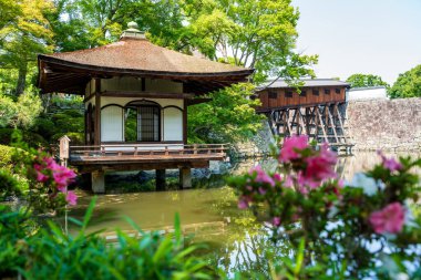 Engyokaku, Wakayama Kalesi 'ndeki Momijidani Japon Bahçesi' ndeki göletin üzerinde resim gibi bir pavyon. Wakayama Şehri, Japonya.