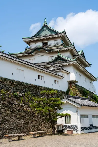 Japonya 'nın en iyi 100 kalesinden biri olan Wakayama Kalesi' nin manzarası güneşli bir yaz gününde açık mavi gökyüzüne karşı duruyor..
