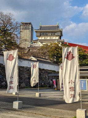 Kitakyushu, Fukuoka, Japan - February 2 2022 : The reconstructed main keep of Kokura Castle, a landmark of Kitakyushu known for its distinct 'Karazukuri' style top floor.