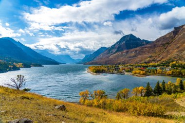 Güneşli bir sonbahar sabahında Waterton Gölü kıyısında. Mavi gökyüzü, beyaz bulutlar ve dağlar. Waterton Lakes Ulusal Parkı, Alberta, Kanada.