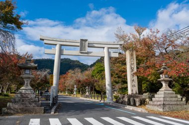 Hiyoshi Taisha Tapınağı torii kapı plaketi, canlı sonbahar akçaağaç yapraklarıyla çerçevelenmiş mavi gökyüzüne karşı. Otsu, Shiga, Japonya
