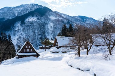 Gokayama bölgesindeki UNESCO Dünya Mirası bölgesi Ainokura 'nın sakin ve tarihi gthe-zukuri köyü kış karıyla kaplandı. Toyama, Japonya.
