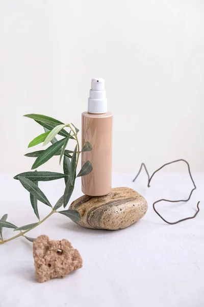 Composition Wire Stones Natural Cosmetic Bottle Cream Balancing Beige Color — Stock Photo, Image