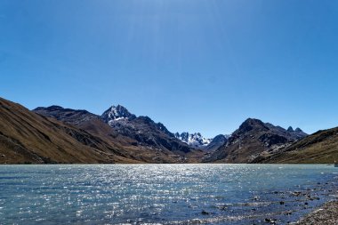 Peru 'nun yüksek And Dağları' nın Cordeleira Blanca bölgesinde uzak kar manzaralı sakin bir göl..