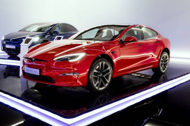 Tesla Model S electric car at the Brussels Autosalon European Motor Show. Brussels, Belgium - January 13, 2023. clipart