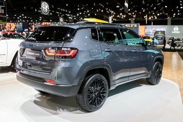 stock image Jeep Compass 4xe Plug-in Hybrid SUV car showcased at the Brussels Autosalon European Motor Show. Brussels, Belgium - January 13, 2023.