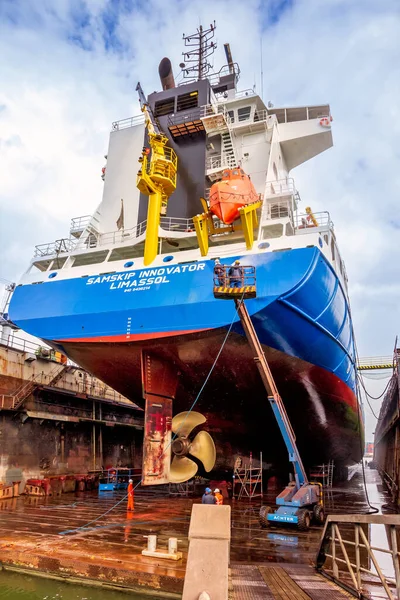 Dock Trabalhadores Trabalho Navio Reparação Drydock Porto Roterdão Roterdão Países — Fotografia de Stock