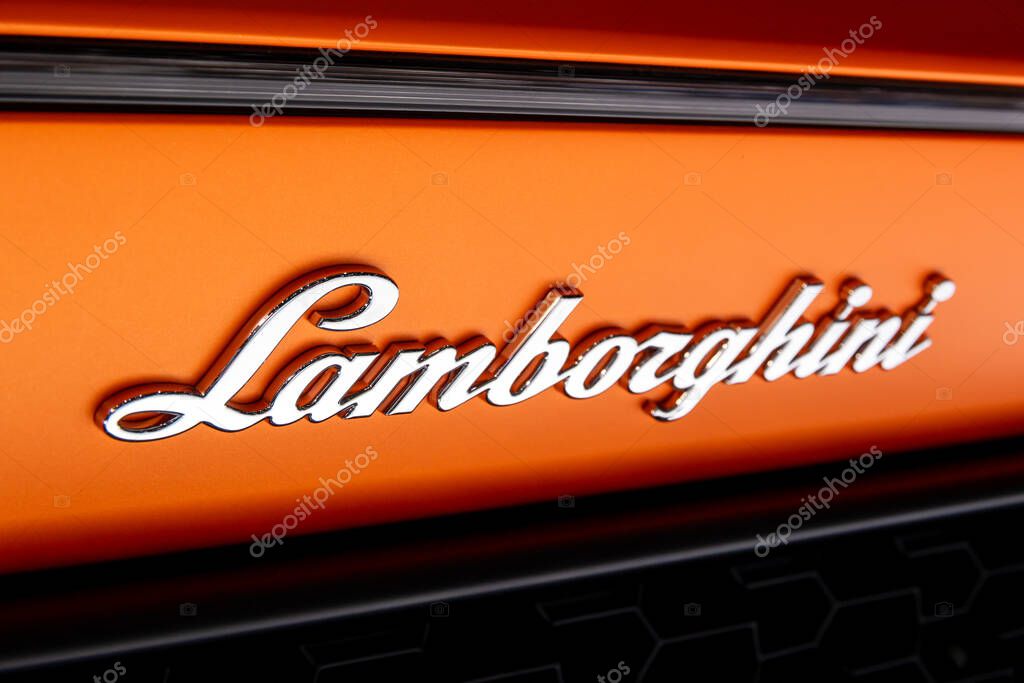 Lamborghini logo on the rear of a Lamborghini Huracan Performante sports car showcased at the Geneva Motor Show. Geneva, Switzerland - March 7, 2017