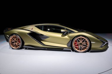 FRANKFURT, GERMANY - SEP 11, 2019: Lamborghini Sian FKP 37 sports car unveiled at the Frankfurt IAA Motor Show 2019. clipart