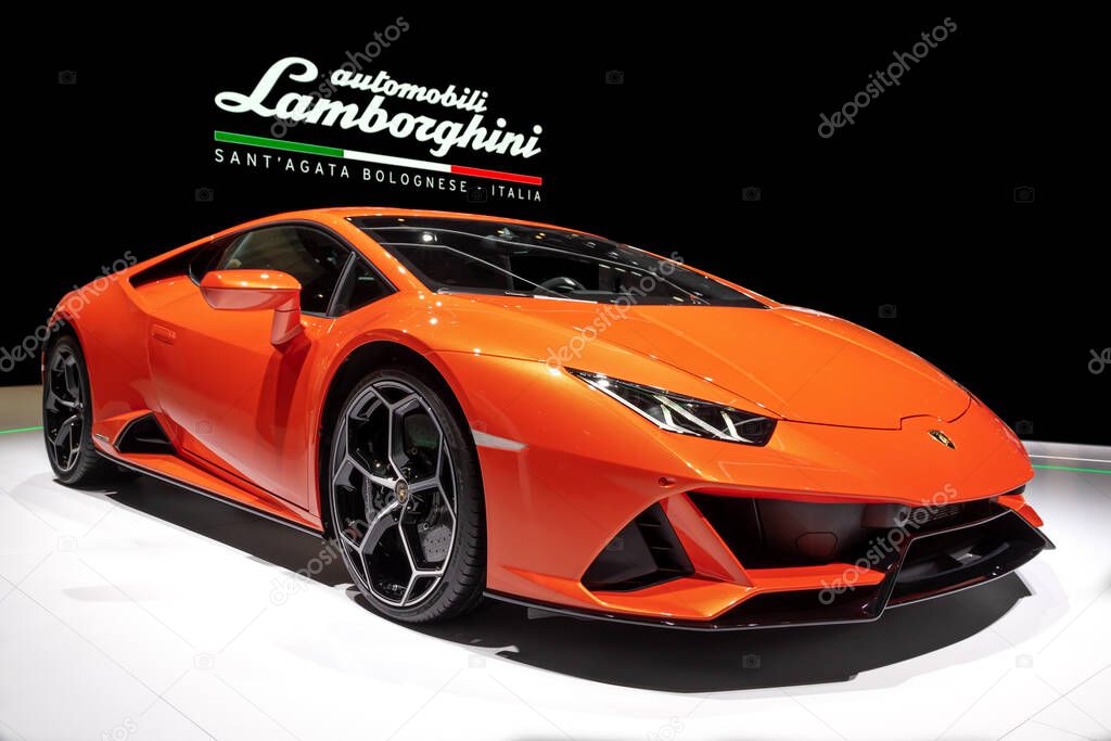 Lamborghini Huracan EVO Spyder sports car at the 89th Geneva International Motor Show. Geneva, Switzerland - March 5, 2019.