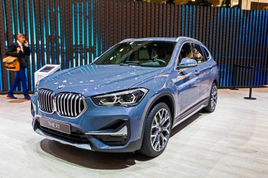 BMW X1 car showcased at the Frankfurt IAA Motor Show. Frankfurt, Germany - Sep 11, 2019 clipart