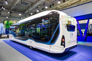 Iveco GX 337 E electric city bus showcased at the Hannover IAA Transportation Motor Show. Germany - September 27, 2018 clipart