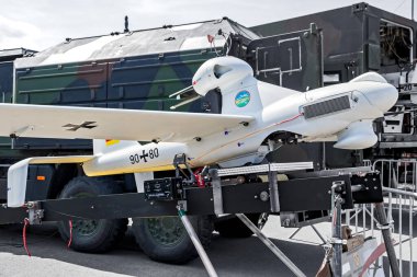 EMT Luna X-2000 recon drone of the German Army at the Berlin ILA. Germany - April 27, 2018 clipart