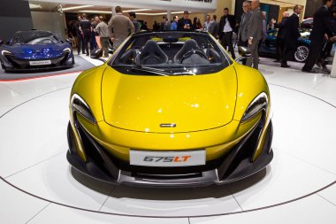 McLaren 675LT sports car at the Geneva International Motor Show. Switzerland - March 2, 2016. clipart