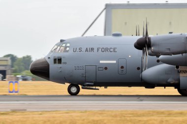 US Air Force Lockheed C-130J Hercules from the 109th AS Minnesota Air National Guard taking off from Hohn Airbase during Air Defender 2023. Hohn, Germany - June 16, 2023 clipart