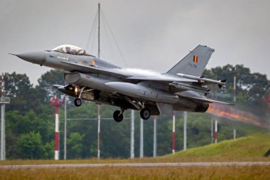 Belgian Air Force F-16 Fighting Falcon fighter jet taking off. Mont-de-Marsan, France - May 17, 2019 clipart