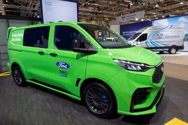 Ford E-Transit Custom MS-RT electric van at the Hannover IAA Transportation Motor Show. Hannover, Germany - September 16, 2024 clipart