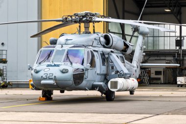 US Navy Sikorsky MH-60S Seahawk helicopter from Helicopter Sea Combat Squadron 28 (HSC-28) Norfolk, Virginia at Hohn Air Base. Hohn, Germany - Jun 12, 2019 clipart