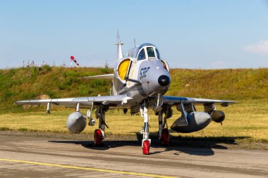 Douglas A-4 Skyhawk fighter jet from Discovery Air Defence (Top Aces) on the taxitrack of Nordholz navy base. Germany - Jun 14, 2019 clipart