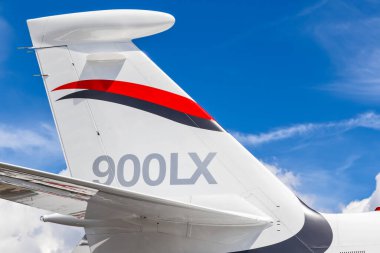 Dassault Falcon 900LX business jet on static display at the Paris Air Show. France - June 20, 2019 clipart